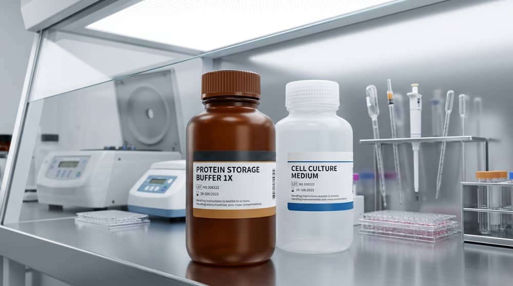 Amber-and-white-light-resistant-wide-mouth-HDPE-reagent-bottles-inside-a-sterile-fume-hood-for-biological-sample-integrity