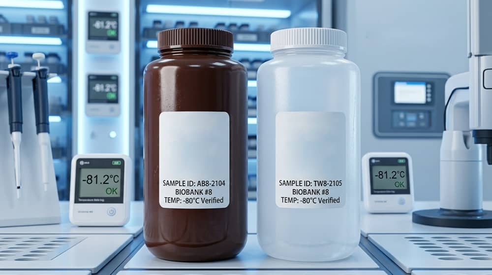 Sample Storage Compliance in Modern Laboratories 9 Amber-and-white-wide-mouth-laboratory-bottles-with-ISO-compliance-tracking-labels-in-a-biobank