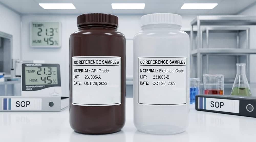 Sample Storage Compliance in Modern Laboratories 8 Compliant-HDPE-wide-mouth-reagent-bottles-with-QC-passed-labels-on-a-certified-laboratory-bench