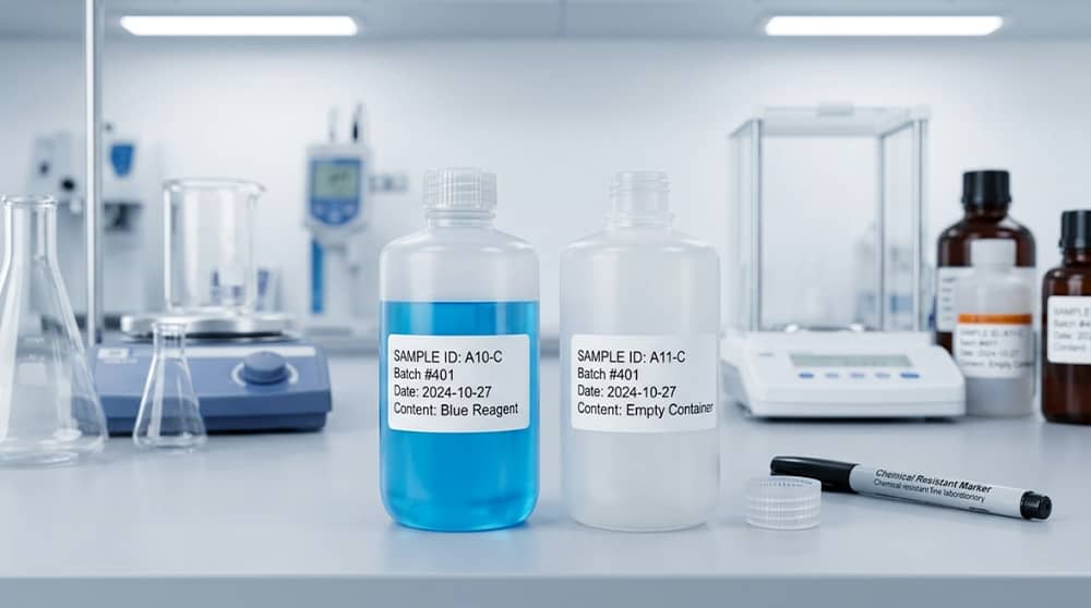 Best Practices for Lab Sample Labeling and Storage 8 Properly-labeled-translucent-plastic-narrow-mouth-bottles-with-blue-sample-liquid-for-laboratory-identification