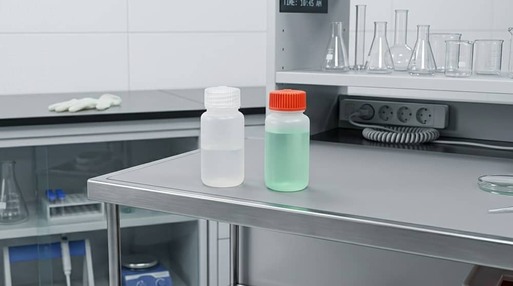 Choosing Containers for Long-Term Sample Storage: What Laboratories Should Evaluate Before Freezing Valuable Samples 8 Translucent-plastic-laboratory-bottles-with-leak-proof-screw-caps-and-mint-green-liquid-solution-on-a-modern-sterile-lab-workstation.