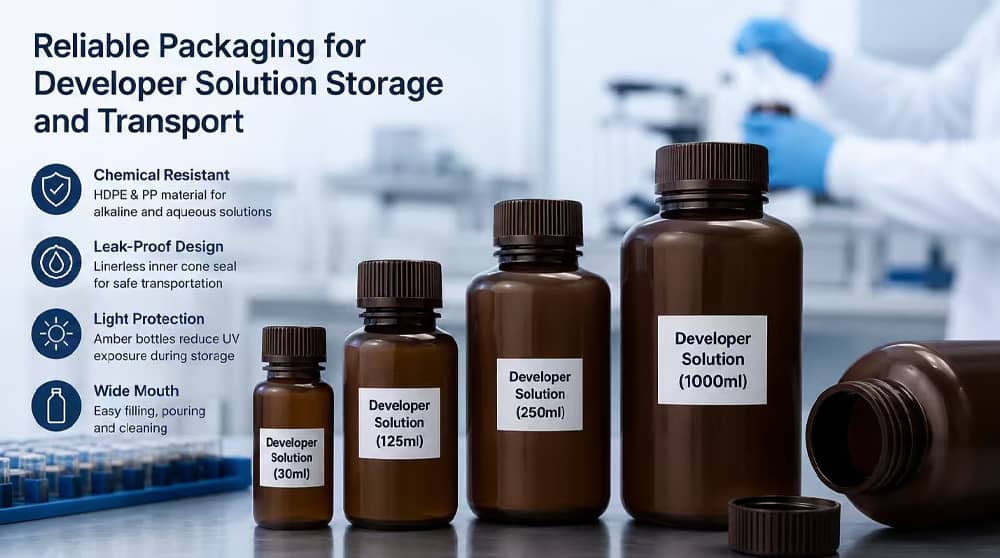 Developer Solution Storage: Choosing the Right HDPE & PP Bottles 8 Reliable amber HDPE and PP bottles for developer solution storage and leak-proof transport