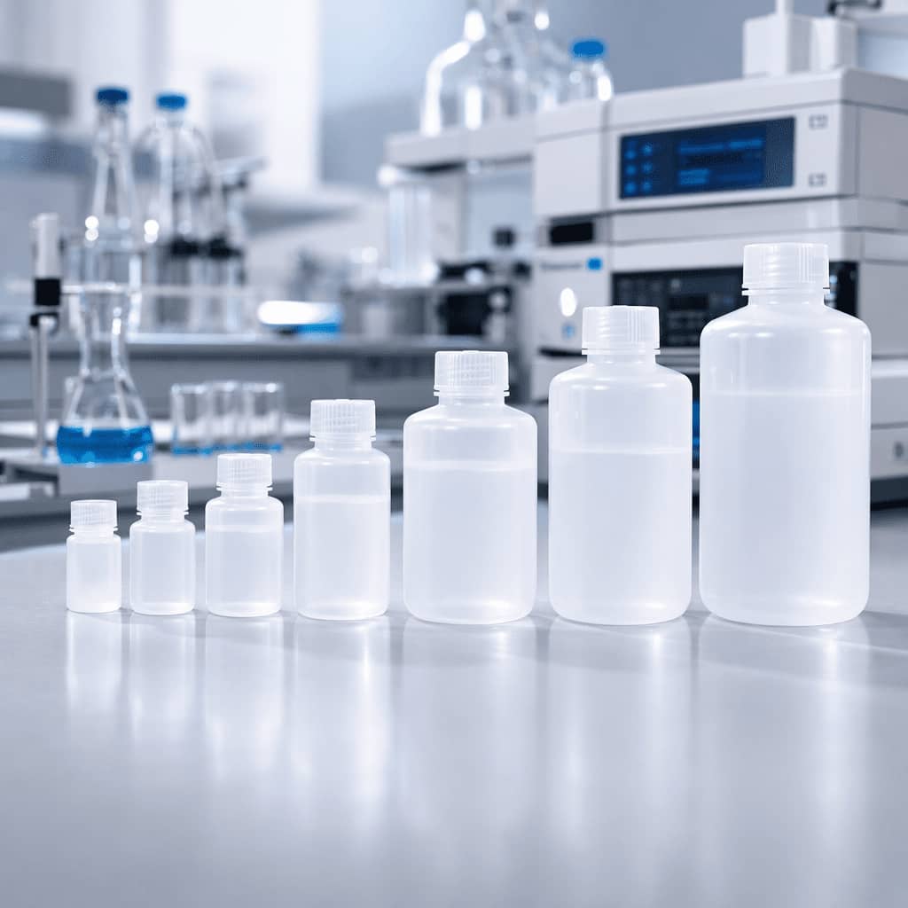 Chemical resistant narrow neck plastic packaging bottles for solvents and photoresists