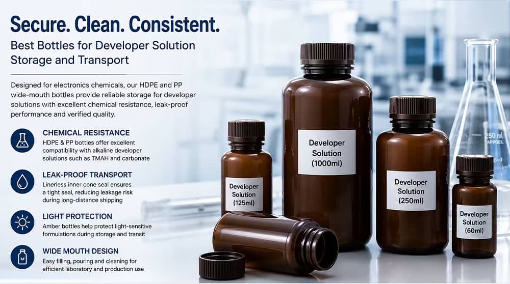 Developer Solution Storage: Choosing the Right HDPE & PP Bottles 9 Amber reagent bottles for electronics chemicals and TMAH developer solution storage