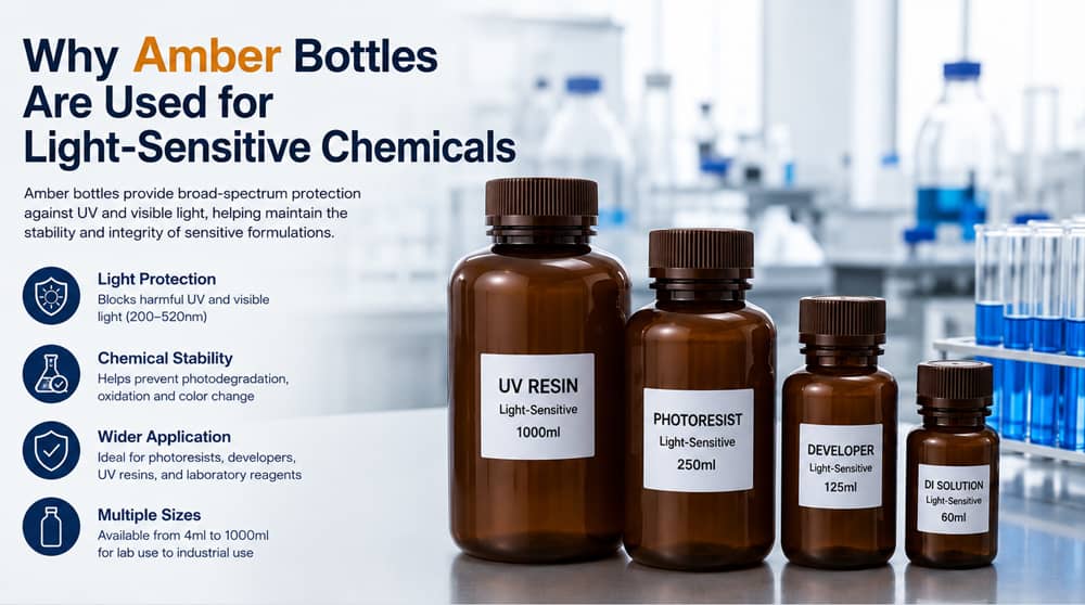 Amber Bottles for Light-Sensitive Chemicals | JSBIO 2 Amber HDPE bottles for storing light-sensitive chemicals in laboratory and electronics chemical applications