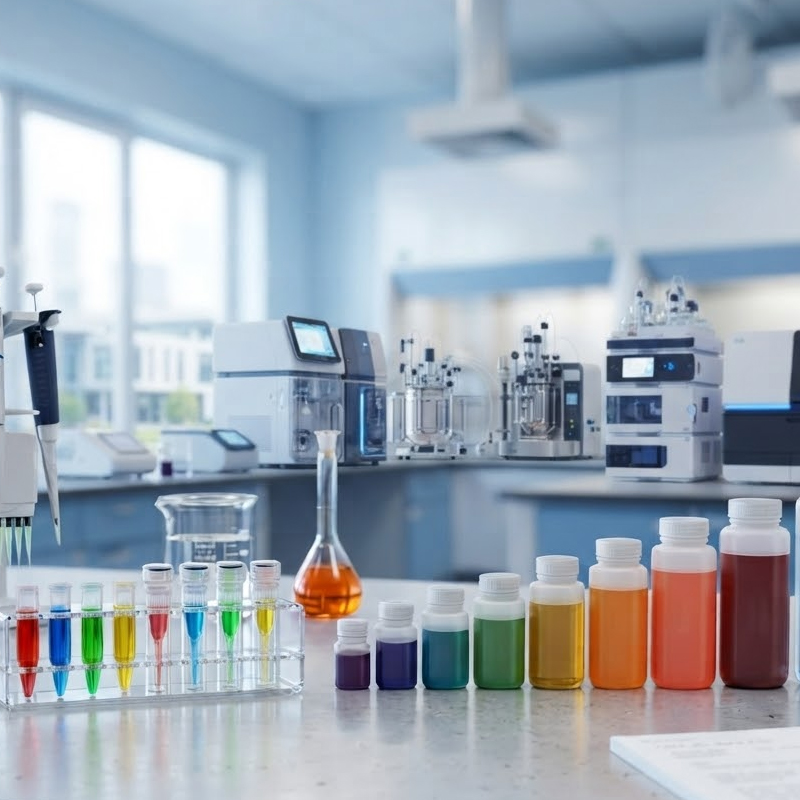 Modern laboratory workbench featuring a rack of colorful reagent plastic bottles, multi-channel pipette stand, and beakers. The arrangement includes high-quality, linerless cone-seal plastic bottles used for research storage, presented in a clean, professional laboratory setting.