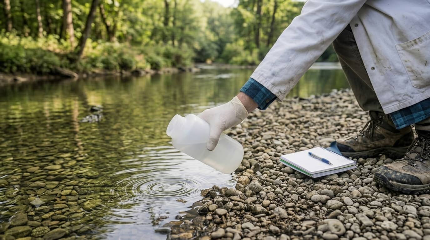 Environmental scientist collecting river water sample for quality testing and environmental research.