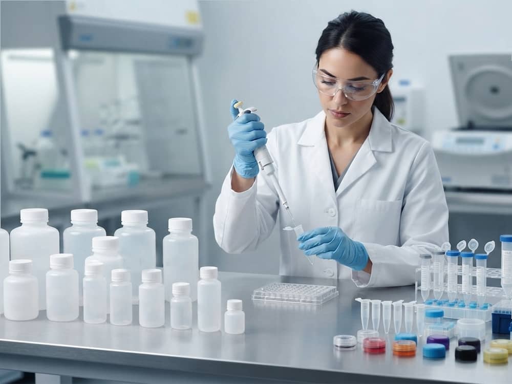 Plastibottles laboratory plastic container series including HDPE reagent bottles, PP bottles, and various centrifuge tubes.